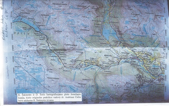 R. Šakinytei praktikos metu paduotas žemėlapis - maršrutas parodytas pirštu 