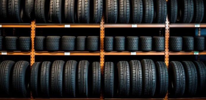 tires on a wooden shelf near rack